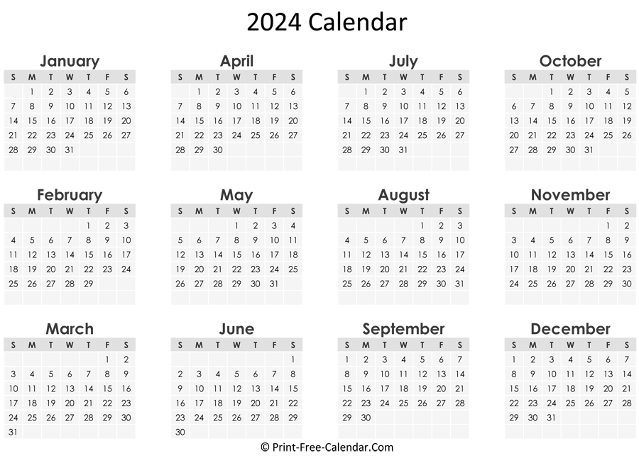 Free Printable Yearly Calendar 2024 - Printable World Holiday