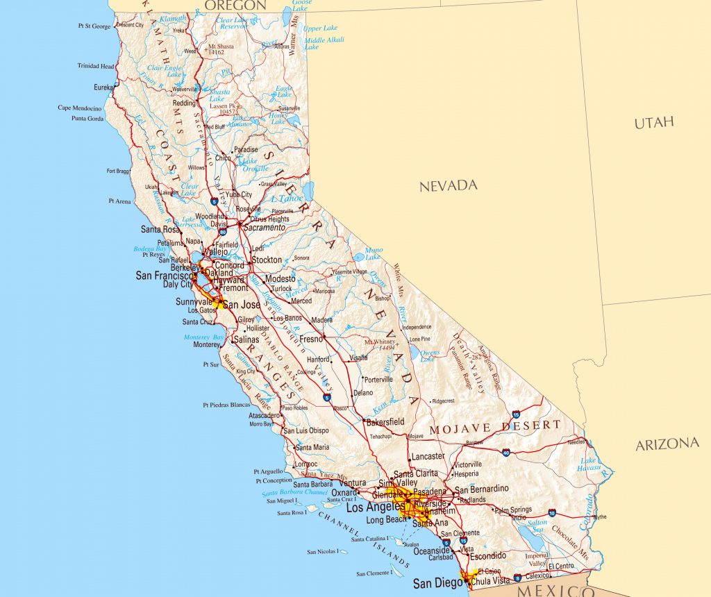 Large Road Map Of California Sate With Relief And Cities | Vidiani ...