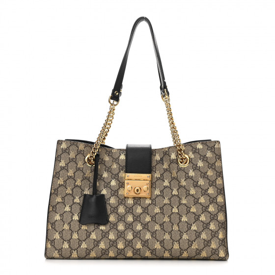 GUCCI GG Supreme Monogram Bees Medium Padlock Tote Beige Oro Black ...