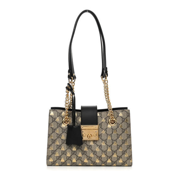 GUCCI GG Supreme Monogram Bees Small Padlock Tote Beige Oro Black ...