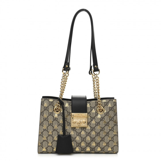 GUCCI GG Supreme Monogram Bees Small Padlock Tote Beige Oro Black ...