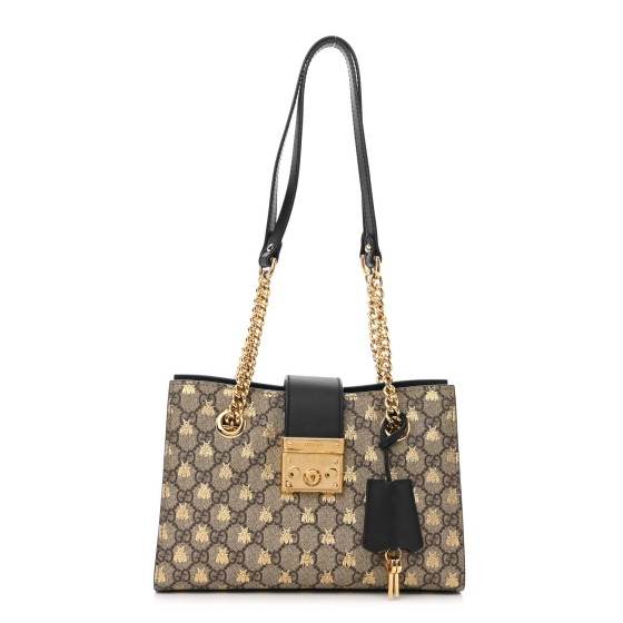 GUCCI GG Supreme Monogram Bees Small Padlock Tote Beige Oro Black ...