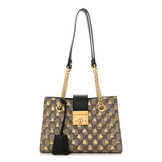 GUCCI GG Supreme Monogram Bees Small Padlock Tote Beige Oro Black ...