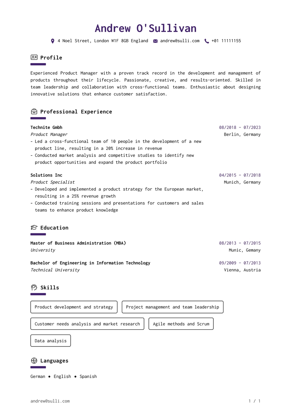 FlowCV Resume Template: Classic · Simple resume with blue accent 