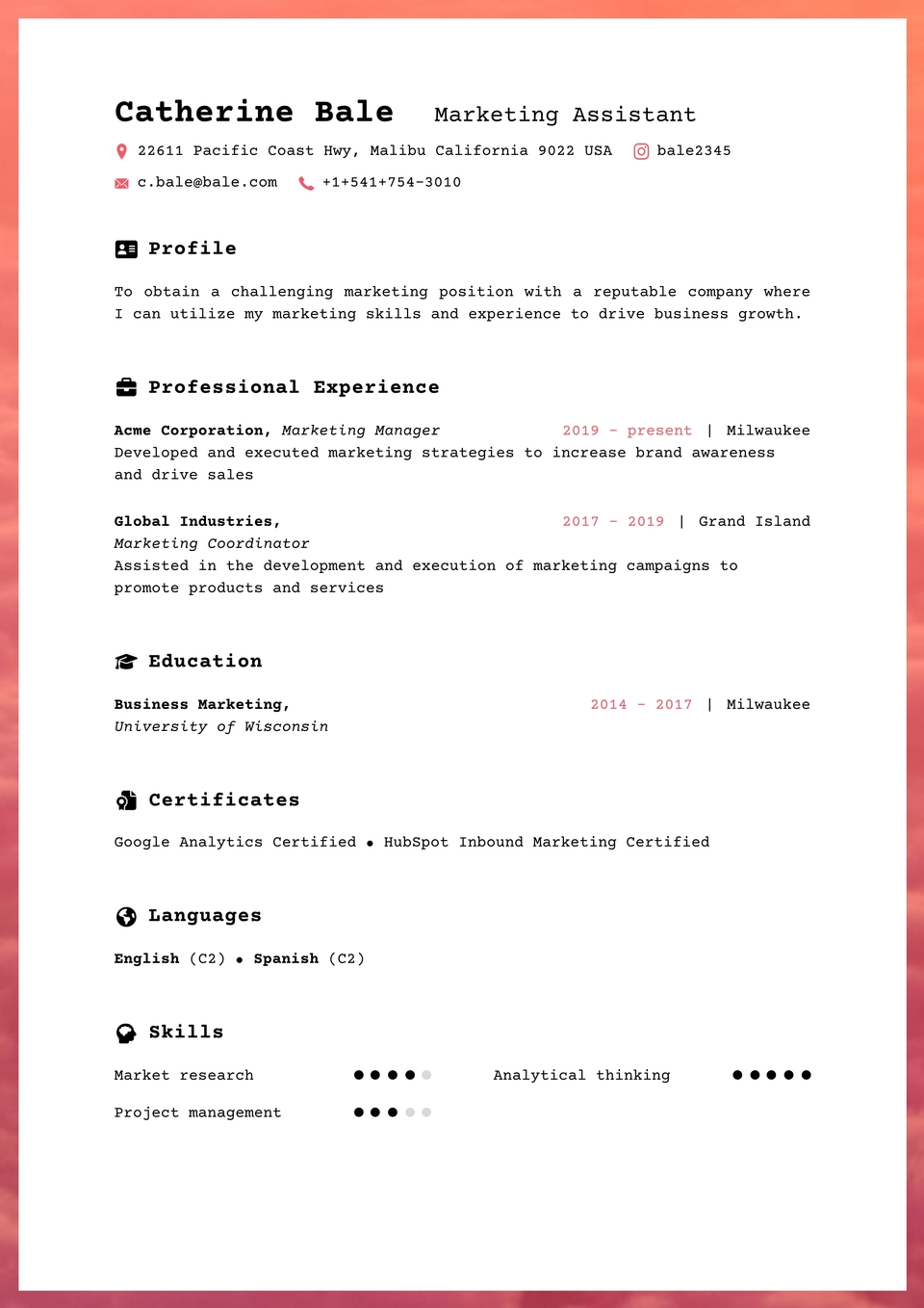 FlowCV Resume Template:  Sunset · Multi-column resume template with gradient