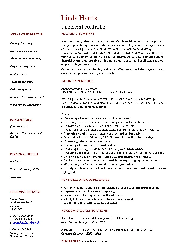 Financial Controller Cv Template - PDFSimpli