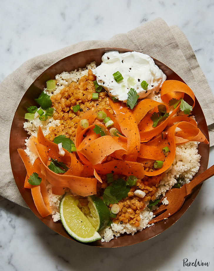 cauliflower rice bowl with curried lentils carrot and yogurt recipe