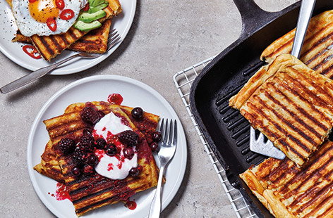 No waffle iron? No problem. These easy griddle pan waffles are super simple to make at home for a breakfast or brunch treat any time. You can whip up this easy waffle batter using staple ingredients, then add whatever toppings you like, sweet or savoury.