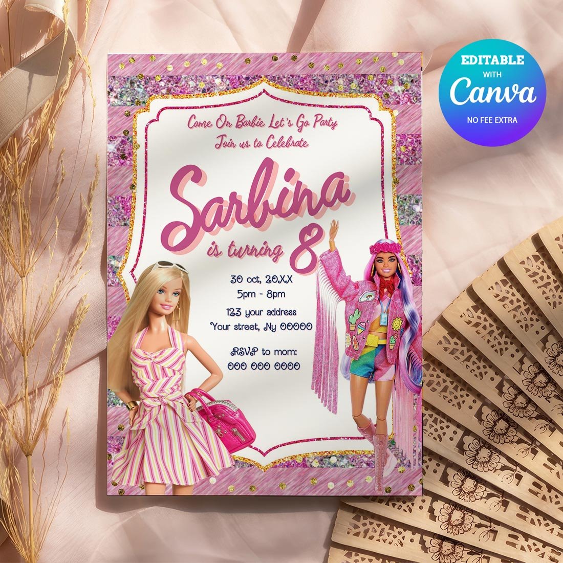 Barbie Birthday Invitation, Barbie Princess Birthday Invitation Canva ...