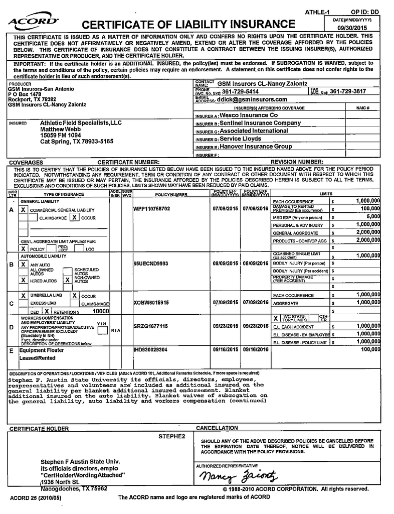 CERTIFICATE OF LIABILITY INSURANCE