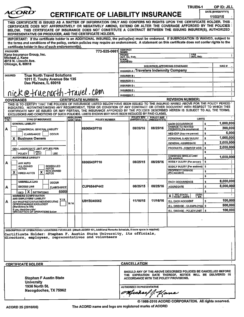 CERTIFICATE OF LIABILITY INSURANCE