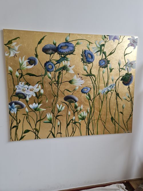 Gold blue flowers  by Mari Revoltella in London