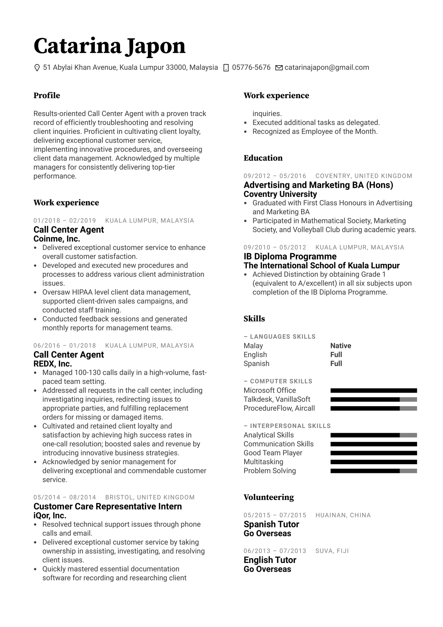 Resume Template For Call Center Agent