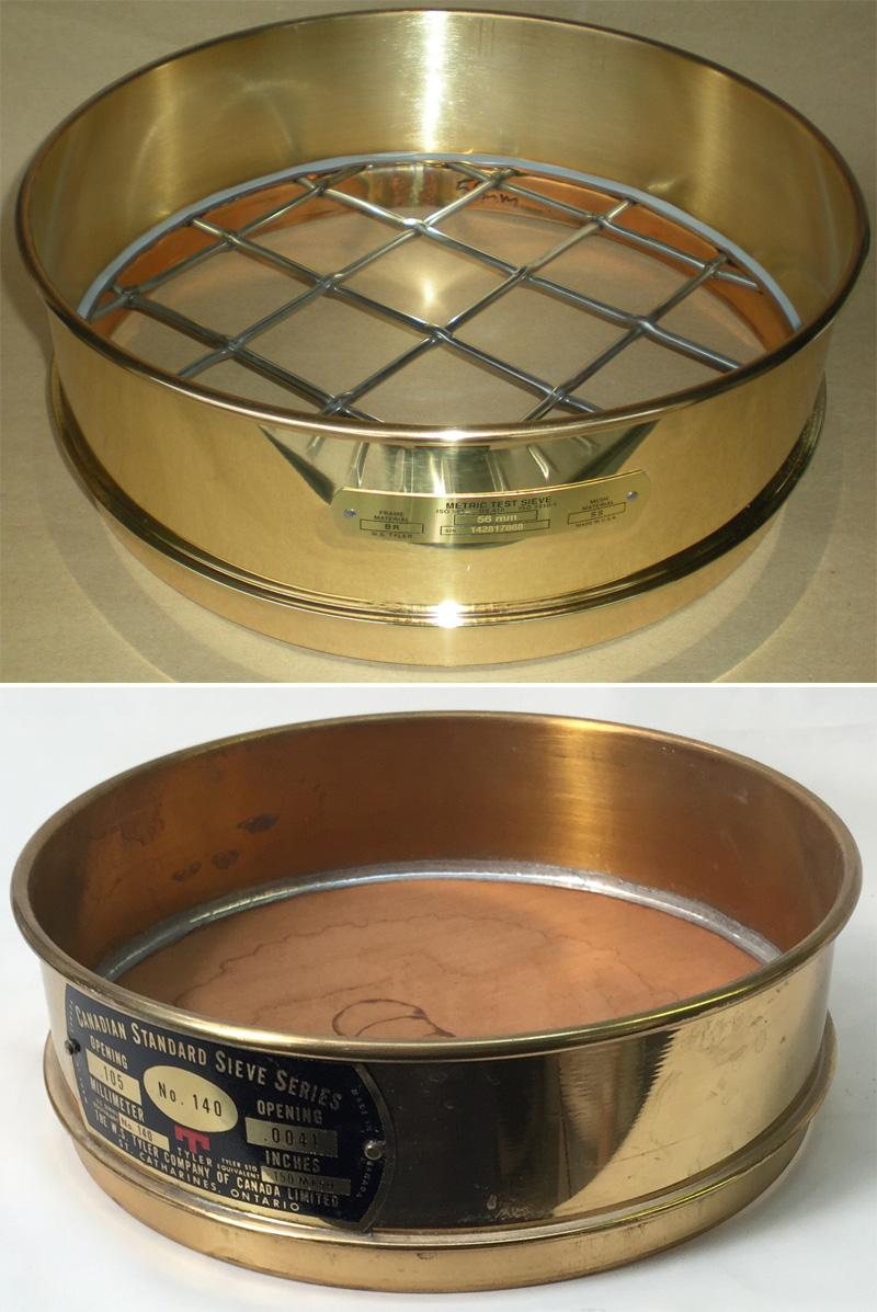 Two example of high quality brass laboratory sieves