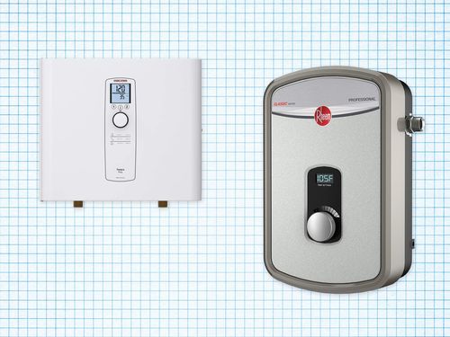 Stiebel Eltron Tankless Water Heater and Rheem Tankless Electric Water Heater isolated on a white grid paper background with blue lines; lead image for the best tankless water heaters buying guide