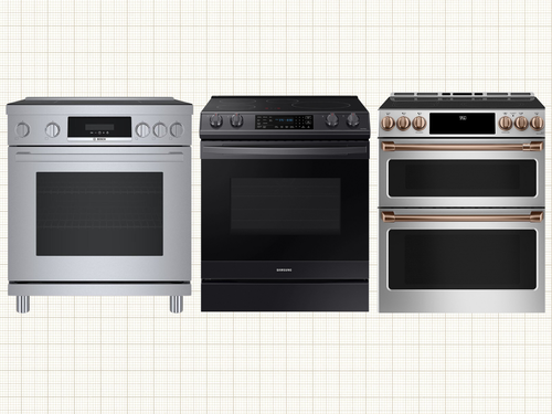 Bosch Freestanding Industrial Style Range, Café Slide-In Double Oven Induction Convection Range, and Samsung Rapid Heat Induction Slide-in Range isolated on a grid paper background