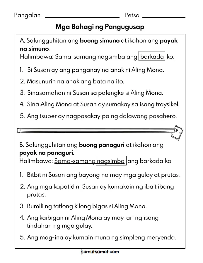 Bahagi Ng Pangungusap Worksheet Grade 4