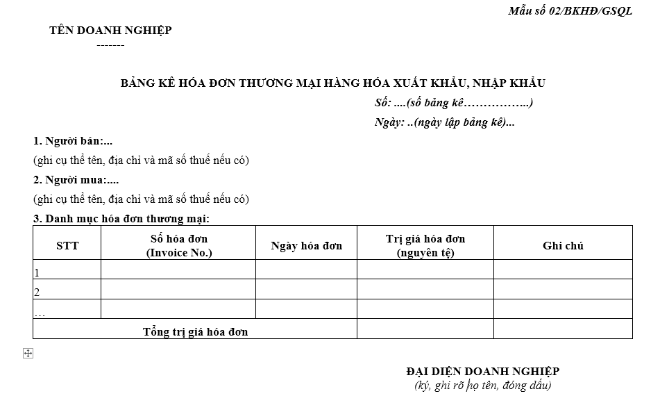 Mẫu bảng kê hóa đơn thương mại hàng hóa xuất khẩu, nhập khẩu