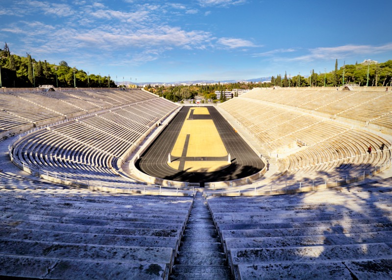 View across a marble stadium from the top row of stands