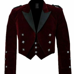 Scottish Burgundy Velvet Prince Charlie Kilt Jacket With Waistcoat