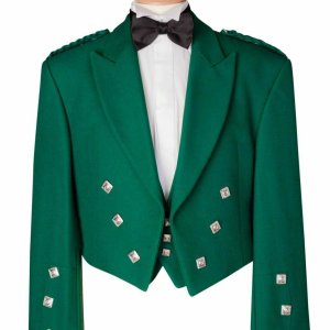 100% WOOL GREEN PRINCE CHARLIE SCOTTISH KILT JACKET & WAISTCOAT