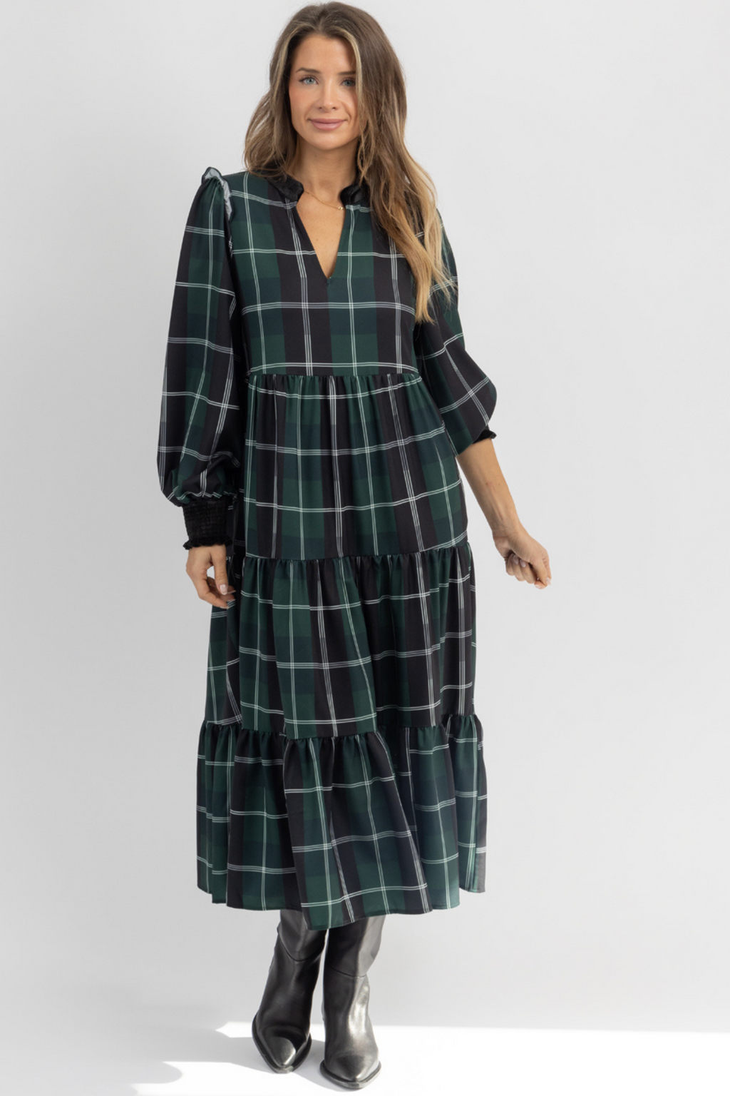 RITZY EMERALD PLAID MAXI DRESS