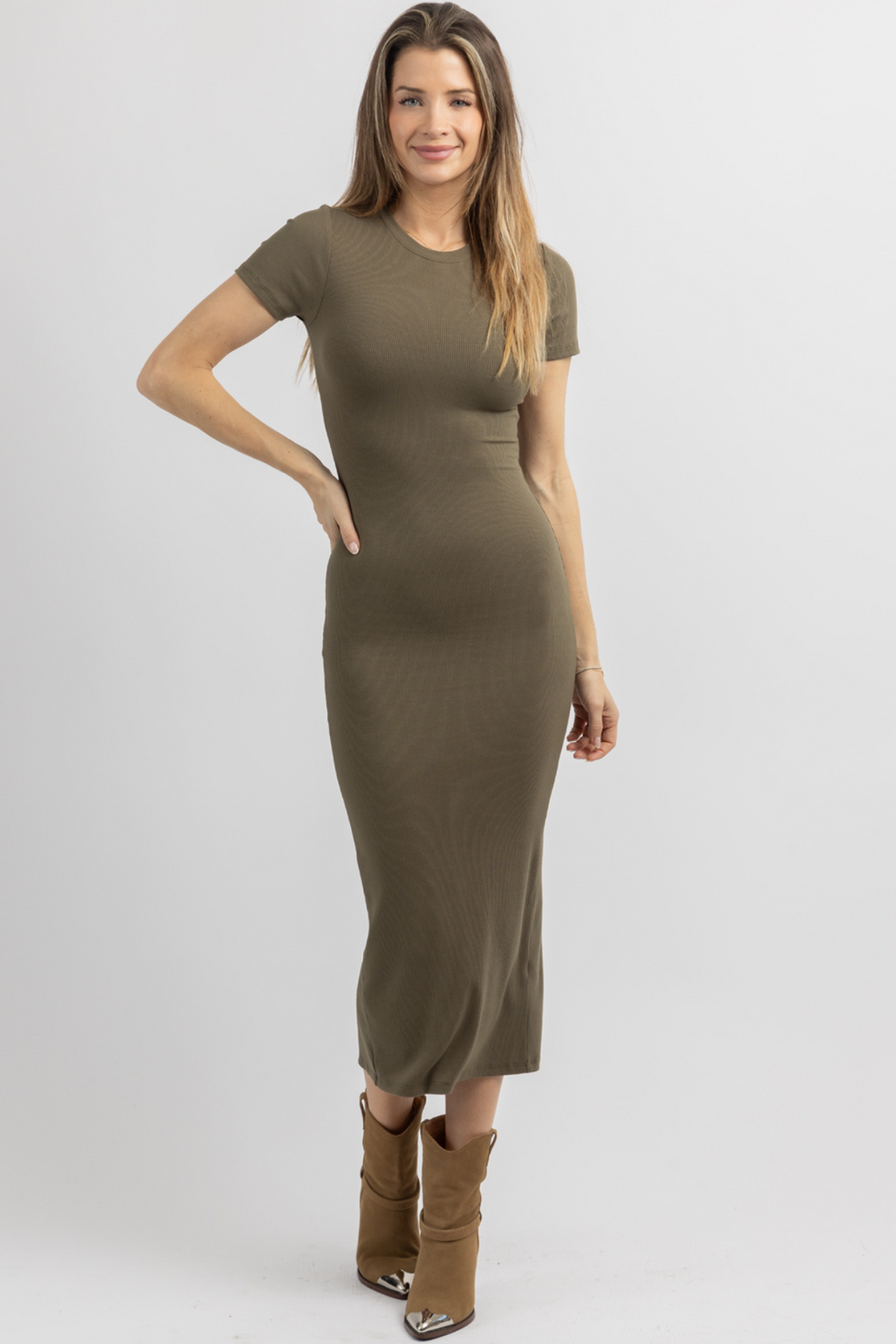 KACEY OLIVE RIBBED MIDI DRESS