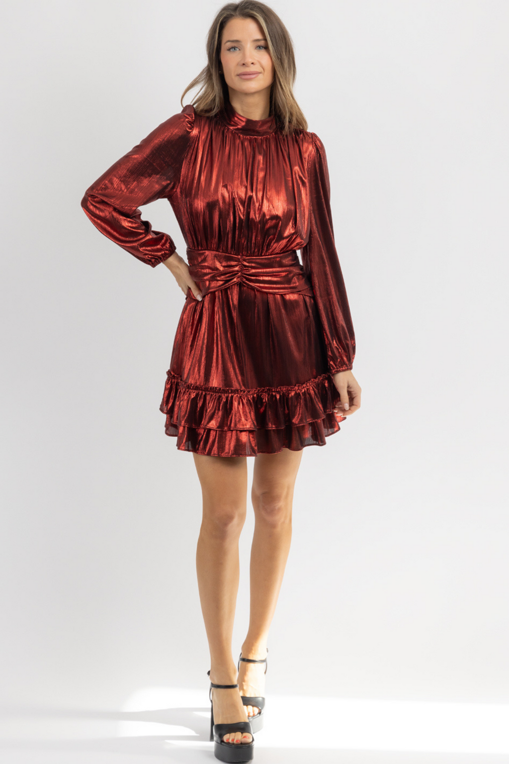 STARLING WINE SHIMMER SHIRRED DRESS