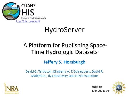 HydroServer A Platform for Publishing Space- Time Hydrologic Datasets Support EAR 0622374 CUAHSI HIS Sharing hydrologic data  Jeffery.