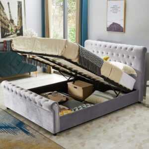 King Size Plush Velvet Sleigh Ottoman Storage Bed