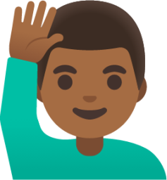 man raising hand: medium-dark skin tone emoji