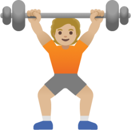 person lifting weights: medium-light skin tone emoji