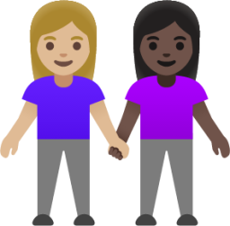 women holding hands: medium-light skin tone, dark skin tone emoji