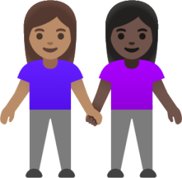 women holding hands: medium skin tone, dark skin tone emoji