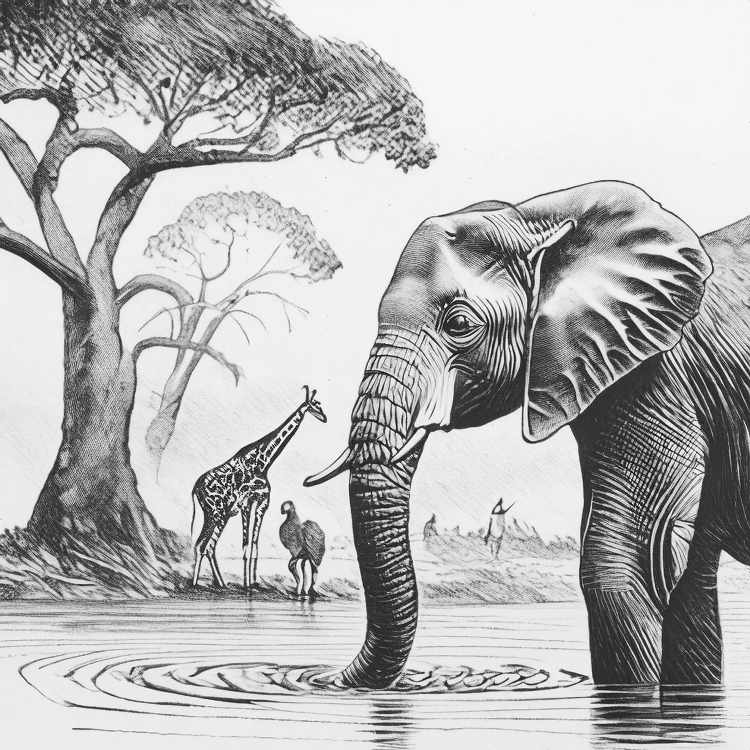 Style-Reference-image-output-to-mirror-black-and-white-drawing_amazonian-forest-elephant-drinking-water-with-giraffes.webp