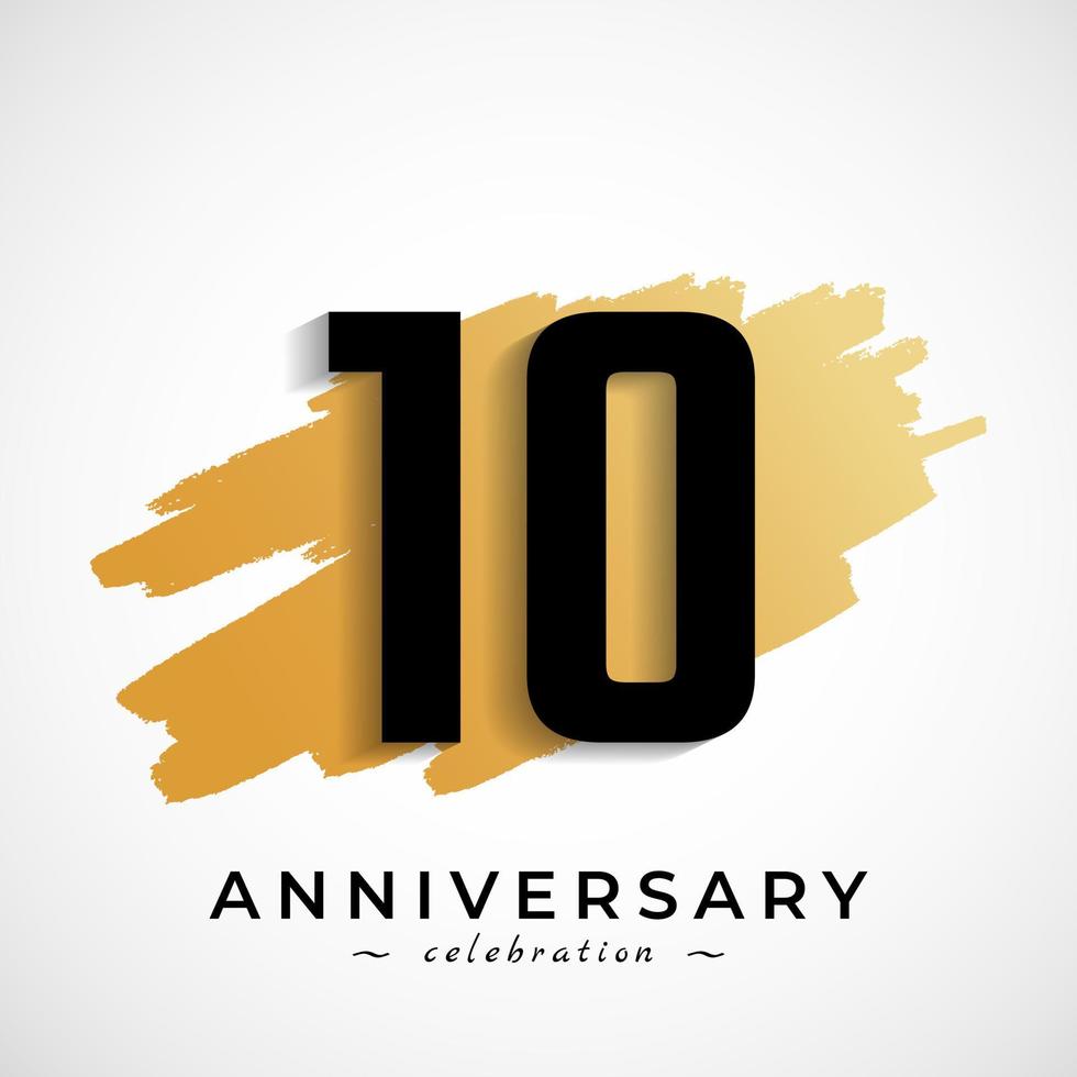 10 Year Anniversary Celebration with Gold Brush Symbol. Happy Anniversary Greeting Celebrates Event Isolated on White Background vector