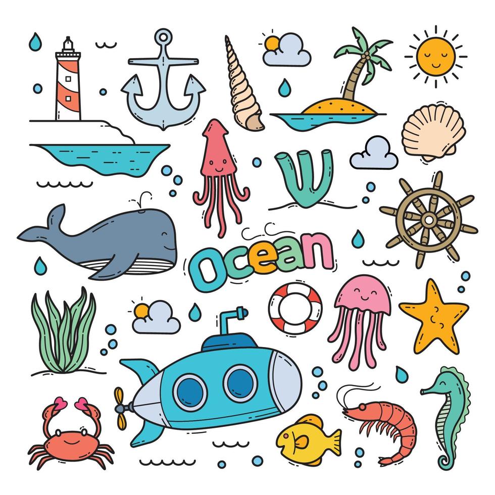 Ocean doodle hand drawn vector clip art objects illustration