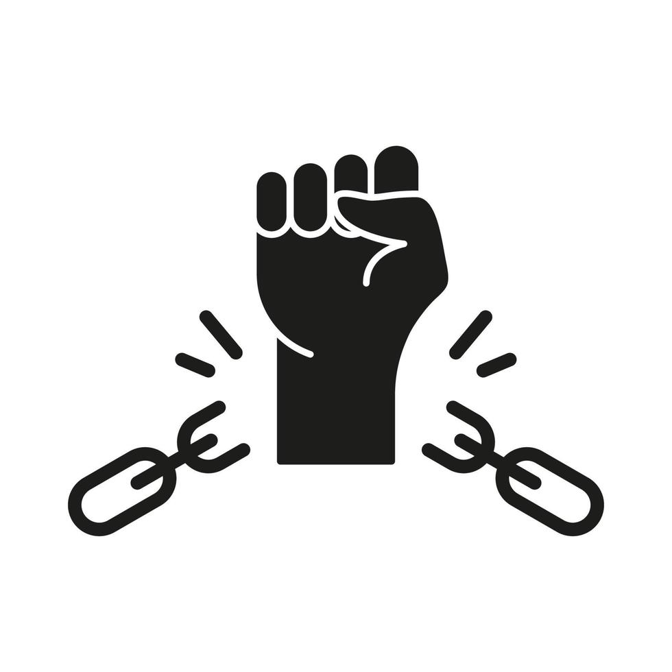 Freedom and Human Rights Silhouette Icon. Broken Shackles with Fist Raised Up Black Icon. Chain of Slavery Damaged. National Freedom Day Juneteenth. Vector Isolated Illustration.