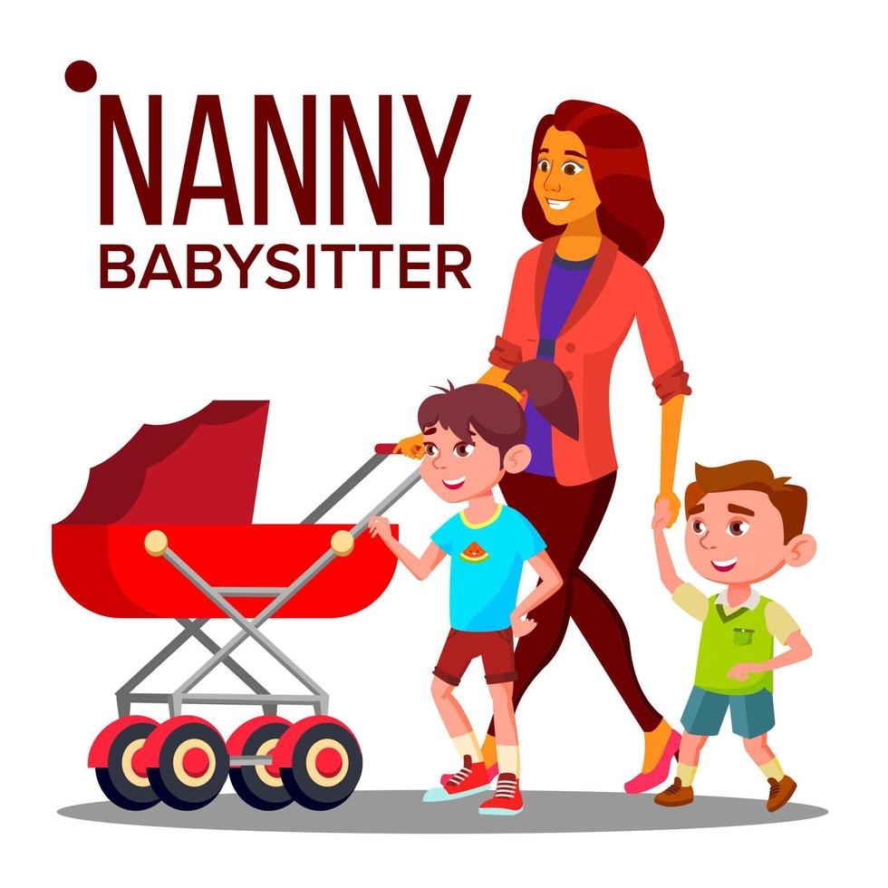 Nanny Woman Vector. Babysitter Nanny With Children. Care Family Design. Illustration vector