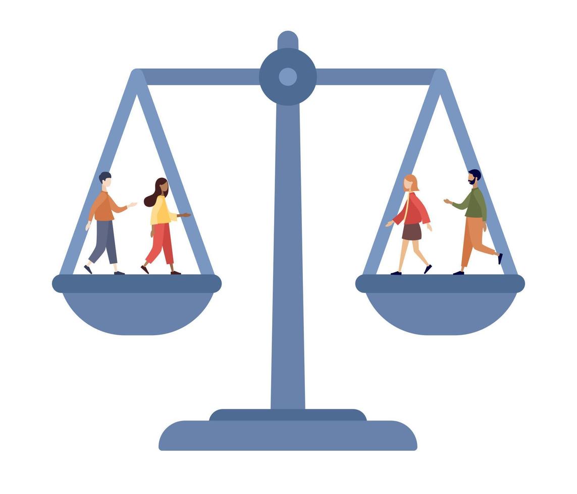 World Social justice day. Human rights concept. Tolerance and respect. People on scales as symbol of equality, freedom and love. Vector flat illustration