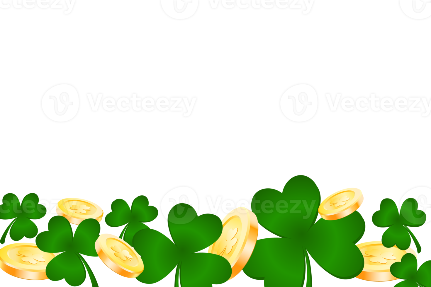 Cloverleaf with gold money on transparent background. St. Patrick's day border. PNG