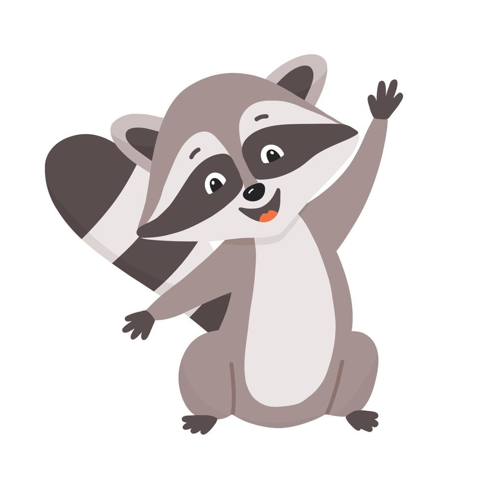 Funny cute cartoon raccoon waving hand. Vector illustration of small raccoon character isolated on white