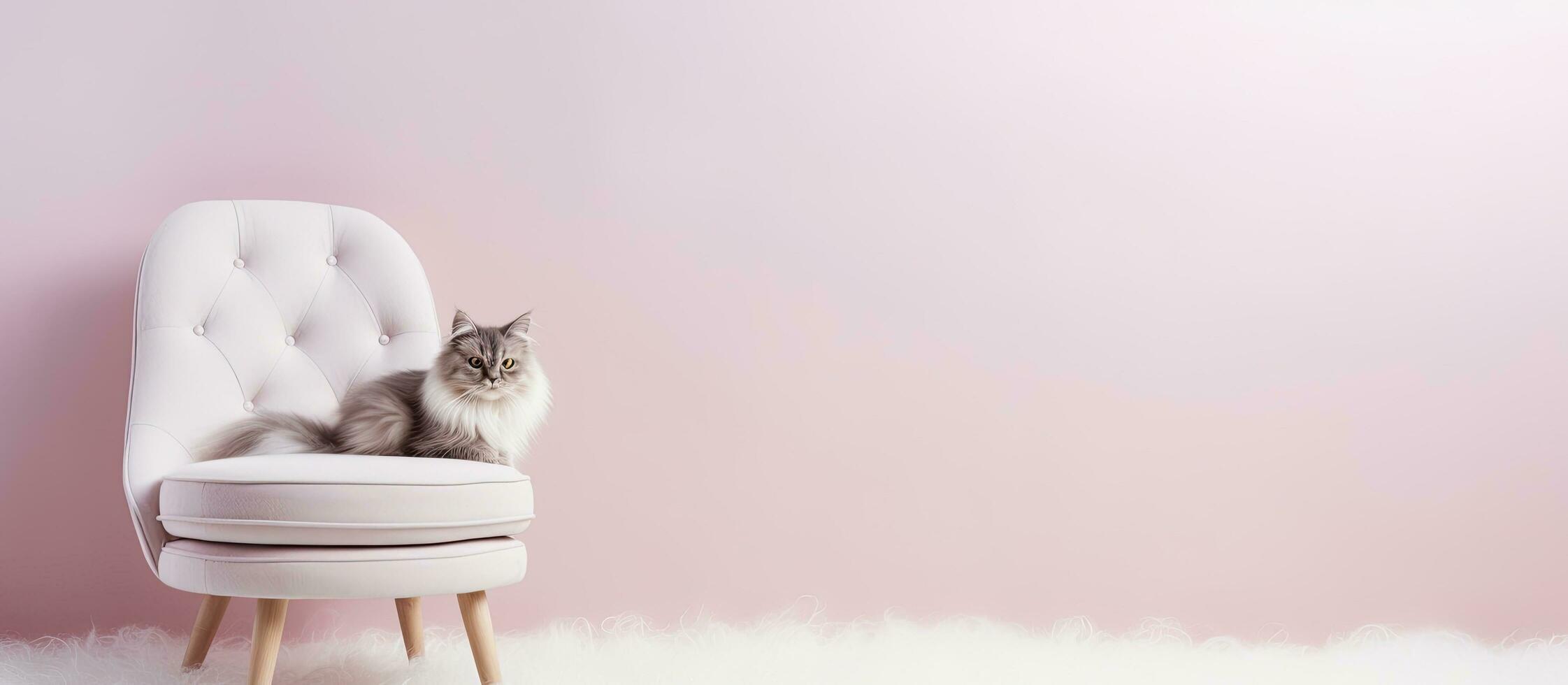 Photo of a cat sitting on a white chair with plenty of space for your own message or design with copy space