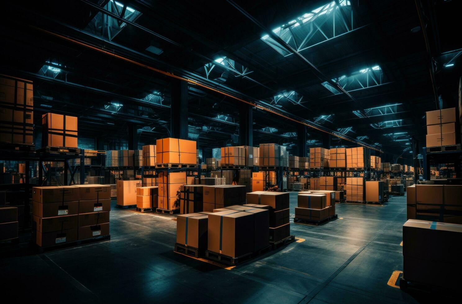 a dark warehouse full of boxes 33524186 Stock Photo at Vecteezy