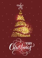 Merry Christmas text on on red holiday background with stilized fir tree and stars vector