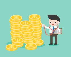 Businessman use stethoscope checking stack of gold coins vector