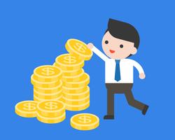 Businessman pick a coin from pile of coins, or arrange gold coin on stack of coins vector