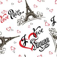 Seamless pattern. I love Paris. I love France. Stylish lettering. Hearts. Eiffel tower. Sketch. White background. Victor vector