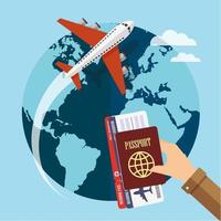 Airplane traveling around globe and hand with passport and ticket vector