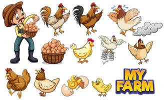 Set of Chickens and Farmer vector